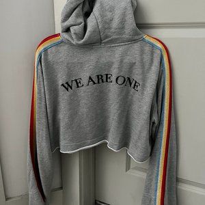 "We Are One" Cropped Grey Hoodie with Rainbow Sleeve Stripe